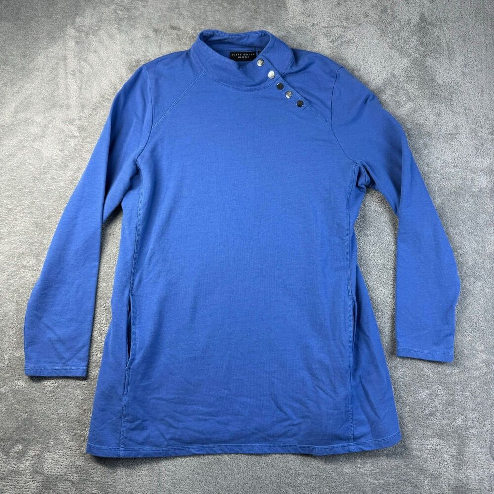 Susan Graver Weekend Top Women's Medium Blue Long Sleeve Pockets Sweater Cotton